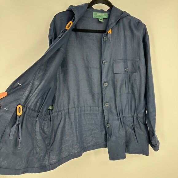 Vintage Lauren Ralph Lauren Linen Utility Jacket Navy Womens L Hooded Coastal - Picture 10 of 13
